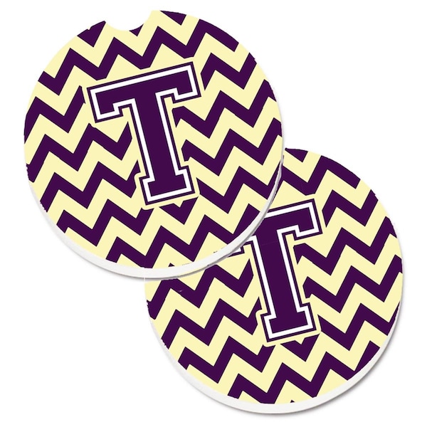 Carolines Treasures Letter T Chevron Purple and Gold Set of 2 Cup Holder Car Coaster CJ1058-TCARC - main
